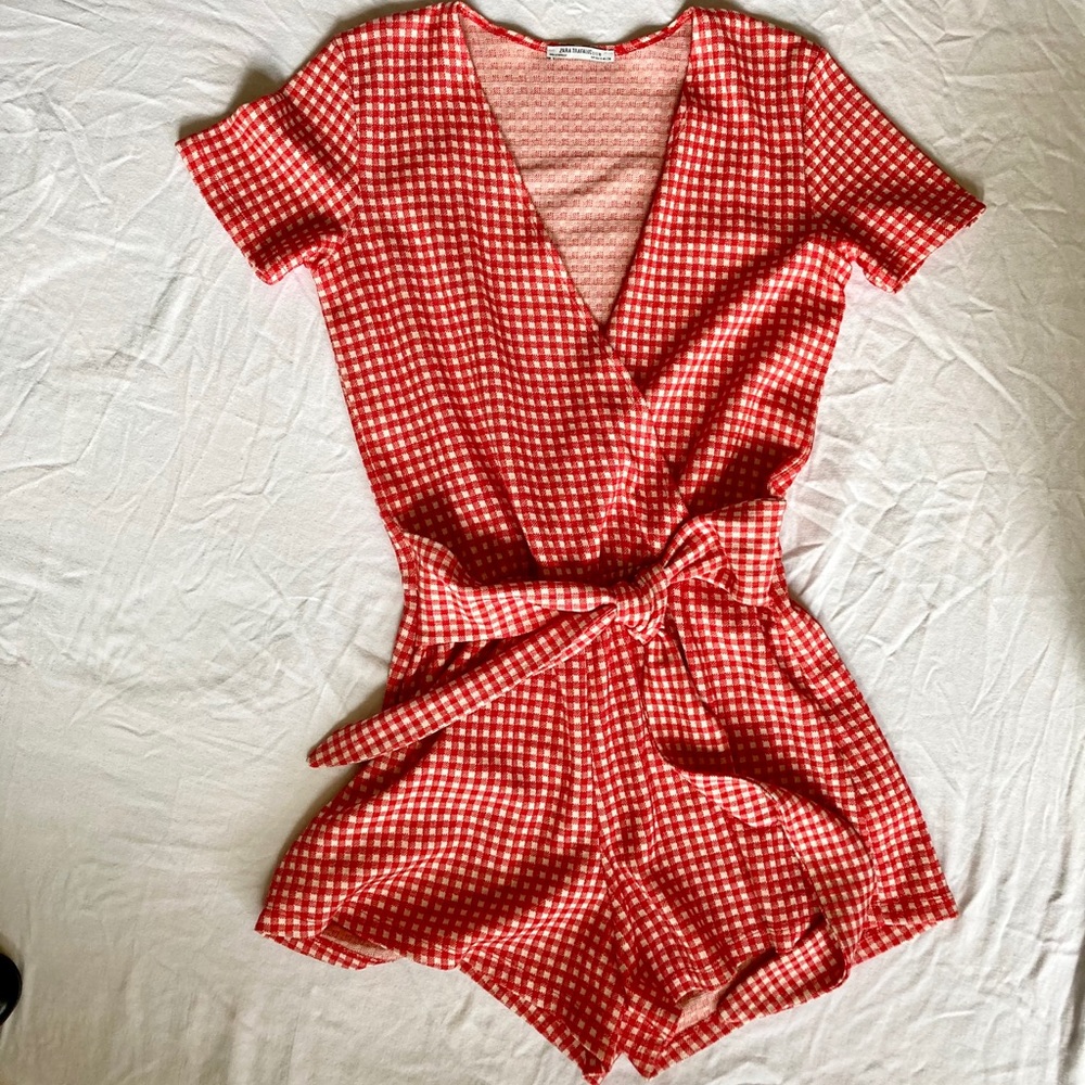 Zara Red Gingham Faux Wrap Romper-US Size Small